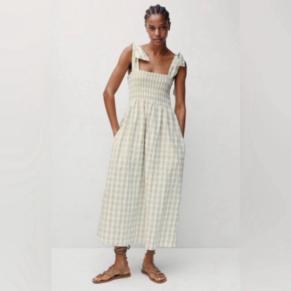 Mango shirred top, tie sleeve gingham dress